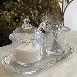 Kit Travessa + Açucareiro de vidro Cristal + porta colher em cristal com borda de coração lyor