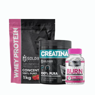 Kit: Whey Protein Concentrado 1kg + Creatina Monohidratada Pote 300g - 100% Pura +Termogênico Femme Burn 90g - Soldiers Nutrition