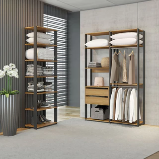 Guarda Roupa Industrial Closet Aberto 70/140x220 Cm Bacco 3 Peças MDP Carvalho MENU