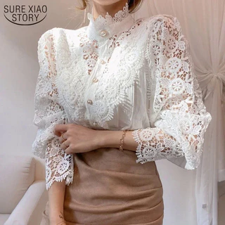 Coreano Chic Lace Blusa Mulheres Branco Patchwork Camisa Botão Oco Out Tops Flower Stand Collar Blusas Pétala Manga Blusas 12419