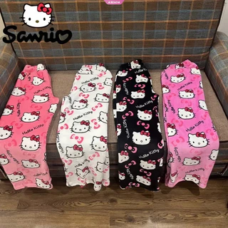 Sanrio Hello Kitty Flanela Pijamas Preto Feminino De Lã Quente Calças Casuais Em De Moda De Outono Inverno em Oferta na Shopee