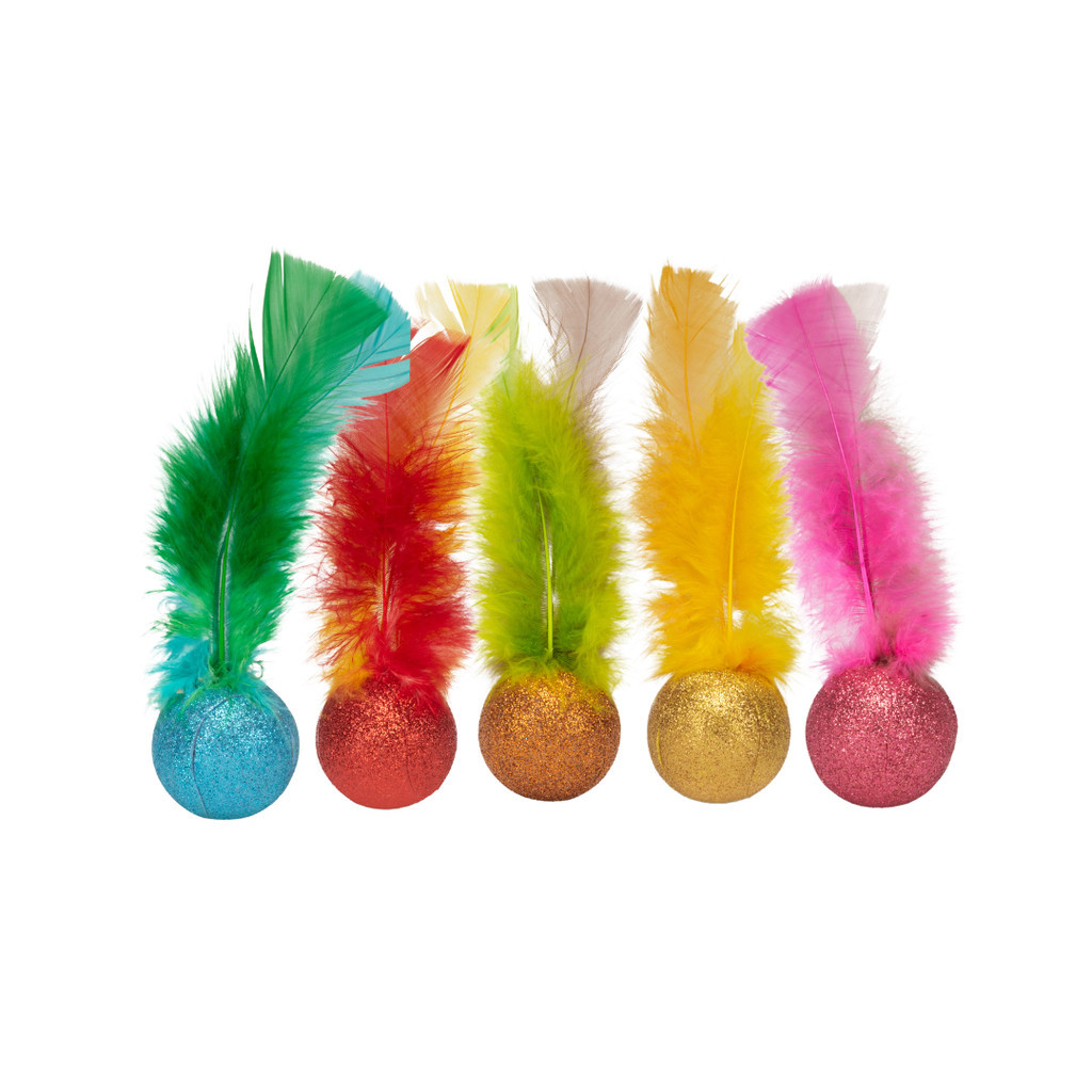 Kit 5 Brinq Gato Glitter Bolinha Ping Fantasia com Penas