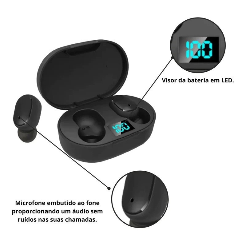 Imagem do produto Fone De Ouvido Sem Fio E6s Bluetooth 5.0 Tws Preto 2