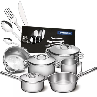 Jogo de Panelas Inox Indução 6 Peças Solar Tramontina e Faqueiro 24 peças Buzios em Oferta na Shopee