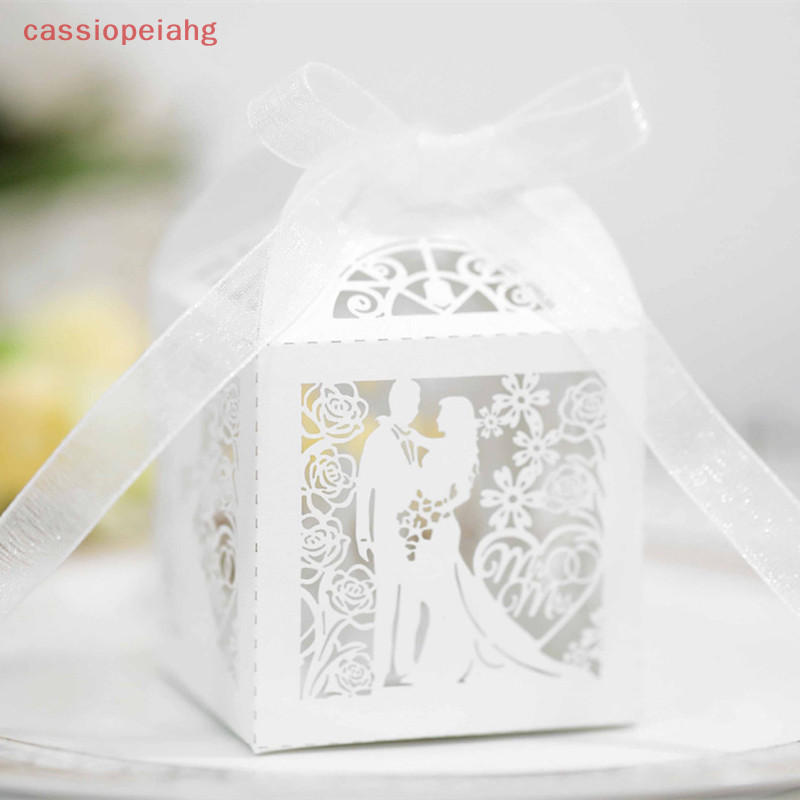 (cassiopeiahg) 50pcs Caixas Favoritas De Casamento Com Fitas Caixa De Presente Pequena Vintage Doce Oca Esculpida Desenho De Gaiola De Pássaros Açúcar Para Convidados Festa Decoração Hold Chocolate B