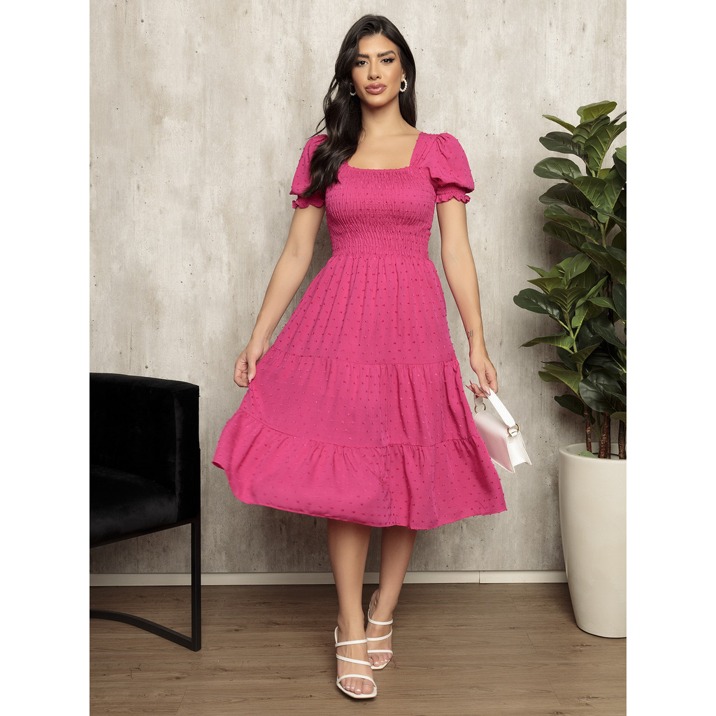 Vestido Curto Lastex manga bufante Pipoca Feminina V
