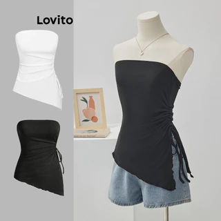 Lovito Casual Blusa Feminina Lisa Assimétrica com Cordão L68ED053 (Preto)