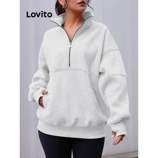 Lovito Moletom casual com zíper liso e estrutura de linha para mulheres LNL60045