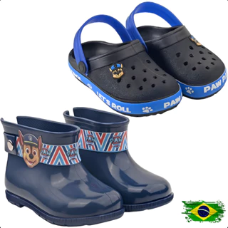 Kit Menino 2 Pares Bota Galocha Impermeável + Babuche Infantil Patrulha Canina Preto/Azul