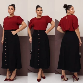Saia Jeans Longa Preta Toda Lisa Com Botões e Bolsos Moda Evangélica 100% Jeans Luxo