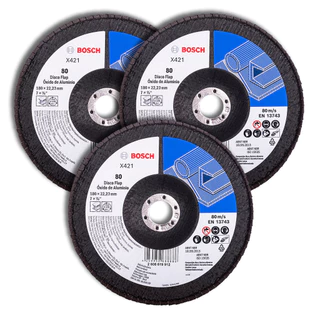 Discos Flap 180mm Bosch Grão 80 em Óxido de Alumínio X421 Kit com 3 Curvo 7"