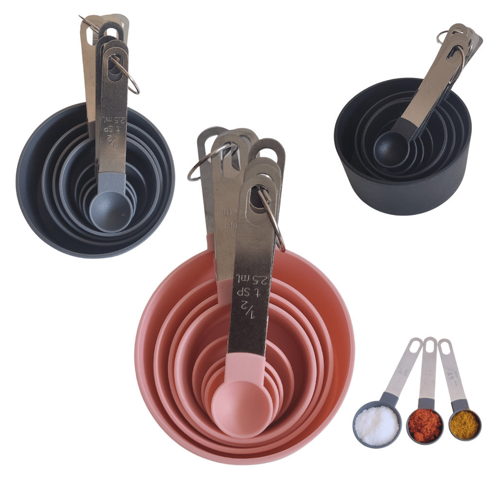 Kit Medidor Culinario Colher Copo Xícara Silicone Cabo Inox - 08 Peças