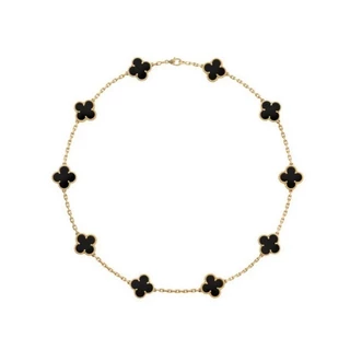 Ouro Cor Ágata Preta Dez Flores Colar de Concha Dupla Face Quatro Folhas Cadeia de Trevo Clavícula de Alta Sensação Não Desbotante 18K [Pode ser usada
