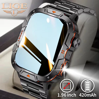 LIGE Novo relógio inteligente original masculino tela HD de 1,96 "com lanterna LED UV 100+ esportes à prova d