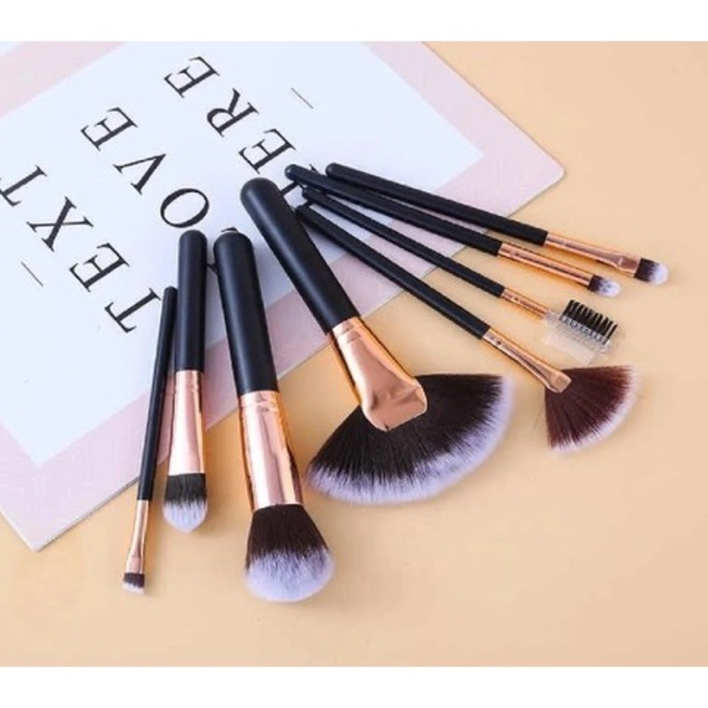 Kit pincel maquiagem 8 unidades PRETO com Pincel Leque grande