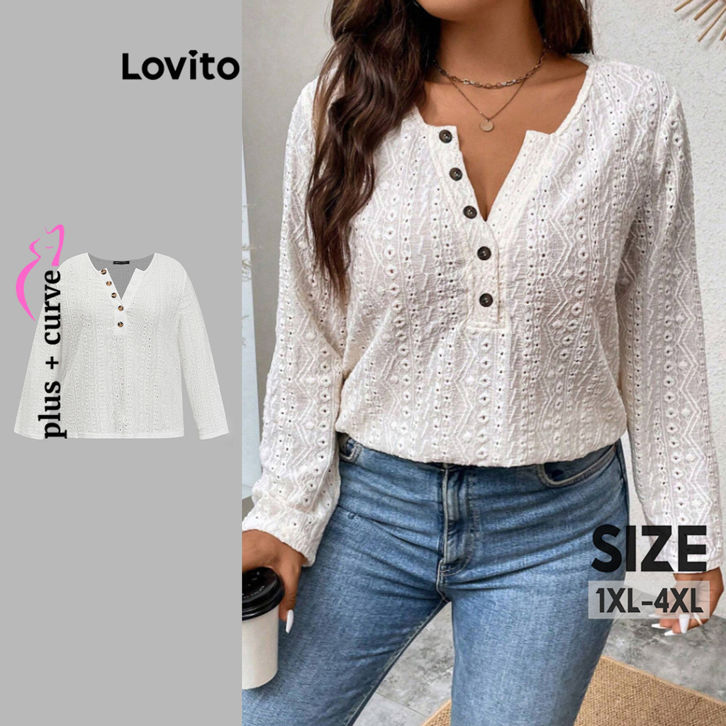 Lovito Camiseta feminina plus size curva casual com bordado liso e botão frontal LBL20096