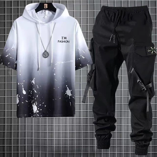 Conjunto De Camisetas De Moda Masculina Com Capuz Casual Manga Curta + Calça De Carga Estilo Hop Joggers