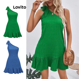 Lovito Vestido com Babado Assimétrico e Laço para Mulheres LBE04043 (Verde)