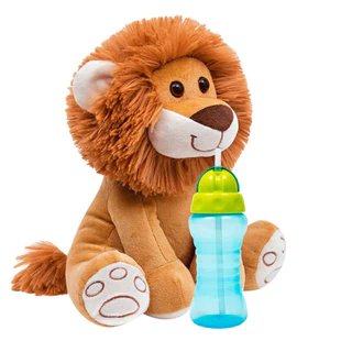 Garrafa Infantil Canudo Retrátil 300ml Fresh Azul + Pelucia Leaozinho Caramelo Antialergico 25cm
