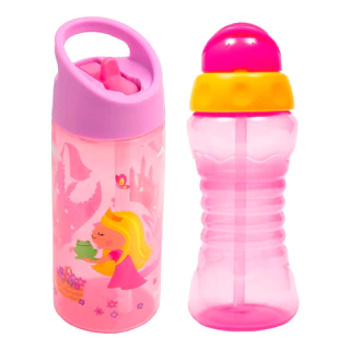 Garrafa Infantil Canudo 400ml Aventuras Princesa + Garrafa Infantil Canudo 300ml Fresh Rosa - Buba