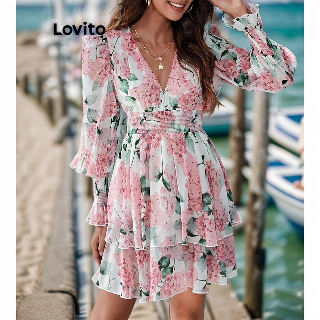 Lovito Casual Vestido Feminino Floral Bata com Babados LBA05046 (Branco)