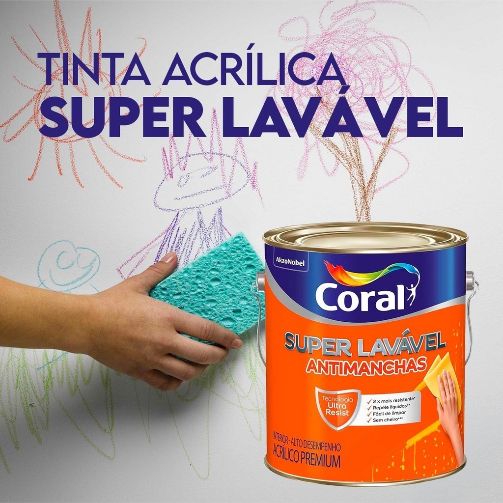 Tinta Coral Super Lavável Acrílica Eggshell Branco neve 3,6 Litros ...