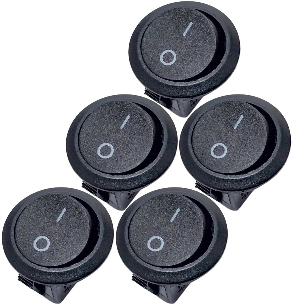 KIT 5 CHAVES BOTÃO TIC TAC REDONDA PRETA ON/OFF LIGA DESLIGA 2 POSIÇÕES 2 TERMINAIS 10A