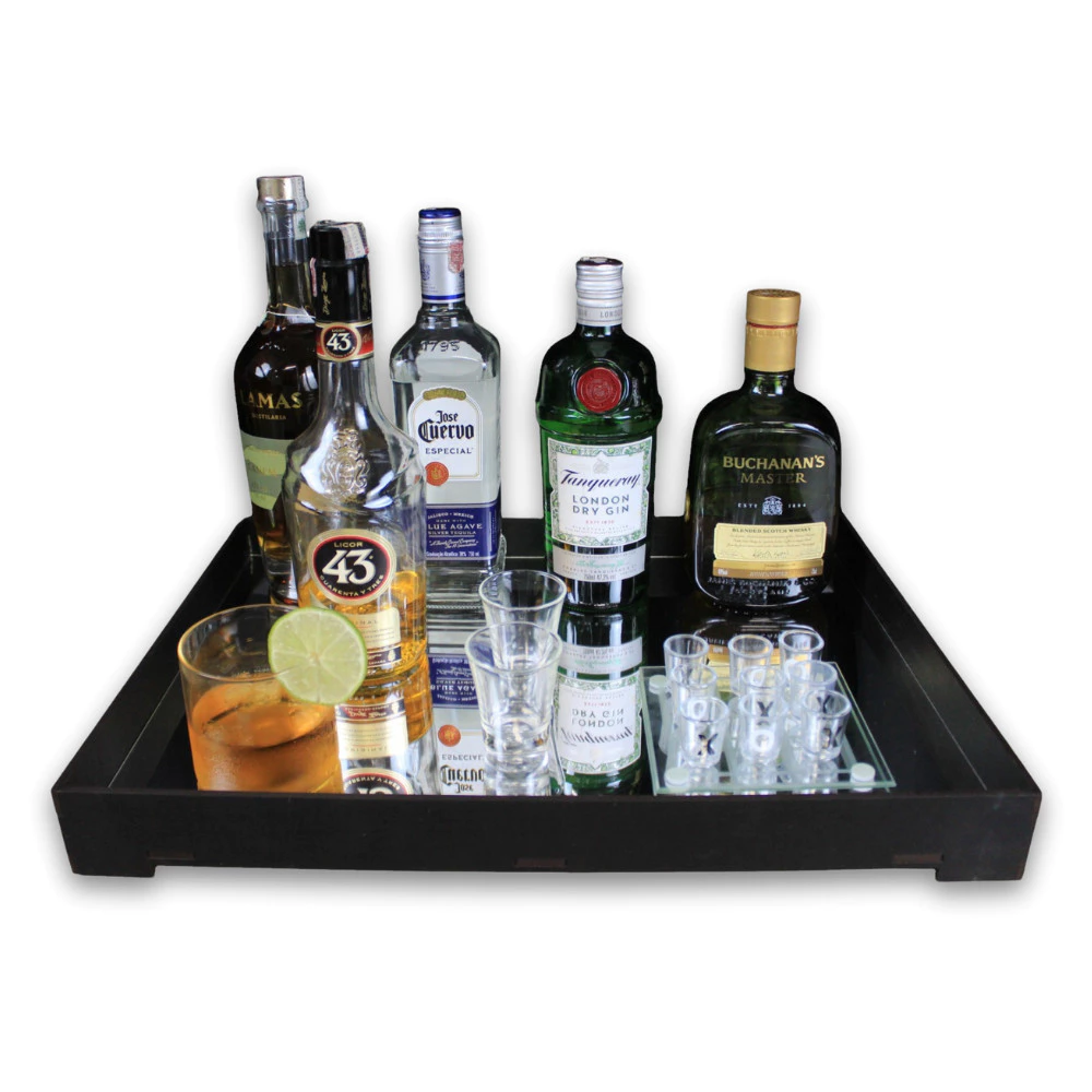 Bandeja Espelhada Grande Organizador de Bebidas Garrafa Copo Taça Cozinha Bar 48x35cm MDF Preto