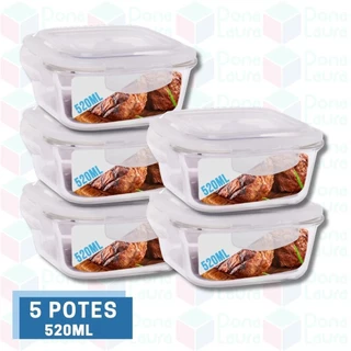 Conjunto 5 Potes de Vidro 520ml Hermético 4 Travas Marmita