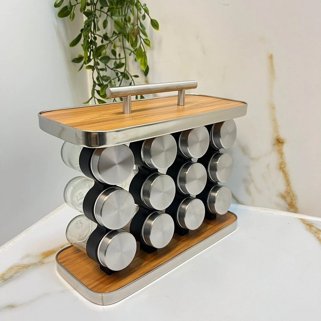 Porta Temperos/Condimentos, em Vidro e Inox, para Bancada e com Suporte - 12Pçs