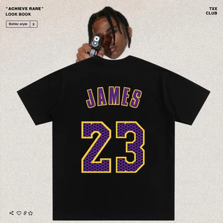 T30-p18 NBA James No. 23 Lakers 220g Algodão Puro Tik Tok Qualidade Versão Solta Camiseta de Basquete Branco/Preto M-3XL