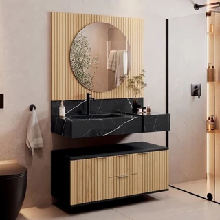 Conjunto para Banheiro Bancada em Porcelanato com Cuba Esculpida, Armário e Espelho Ripy 100cm