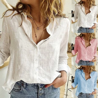 Moda 2024 Novo estilo Primavera Outono Senhoras cor sólida casual top camisa de linho manga longa