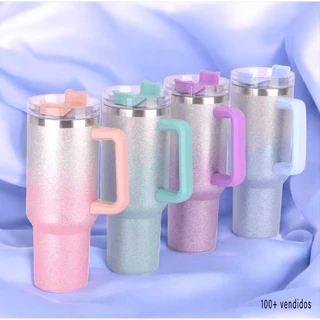 Garrafa Termica Copo Térmico Glitter 1200ml Brilhante com Tampa Canudo Caneca com Alça Portátil Festa Evento Aço Inox