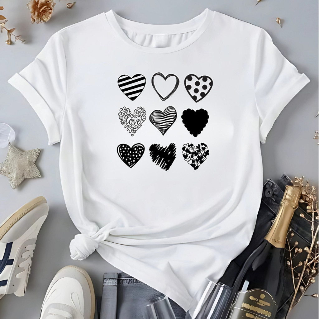 Camiseta Feminina Blusa 100%Algodão Desenho Corações