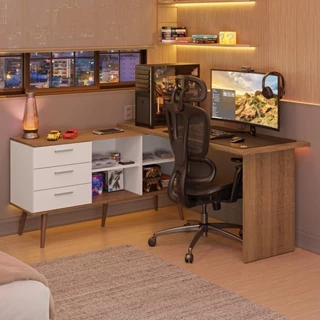 Escrivaninha Mesa Para Computador Gamer Lisboa Madesa 3 Gavetas - Rustic/Branco em Oferta na Shopee