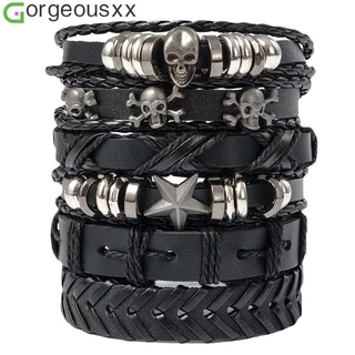 Conjunto De Pulseira De Couro De Caveira Gótica Punk Para Mulheres E Homens Pulseiras De Pentagrama De Metal Joias Uniss