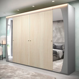 Guarda Roupa Casal com Efeito Ripado, Espelho e LED 6 Portas 6 Gavetas Inovação 100% MDF Cinza/Off White Ripado