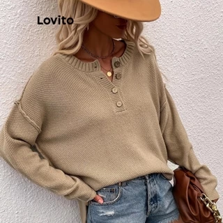 Lovito Suéter casual com estrutura de botão liso para mulheres LNL58013