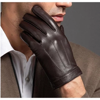 Luvas De Couro Genuínas Para Homens Tela Térmica De Toque De Inverno Pele De Carneiro Luva De Moda Punho Fino Condução EM011