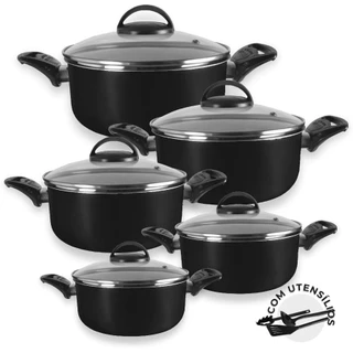 Jogo de Caçarolas Antiaderente Tampa de Vidro 05 Peças Panelas + Utensílios Preto -Marpal