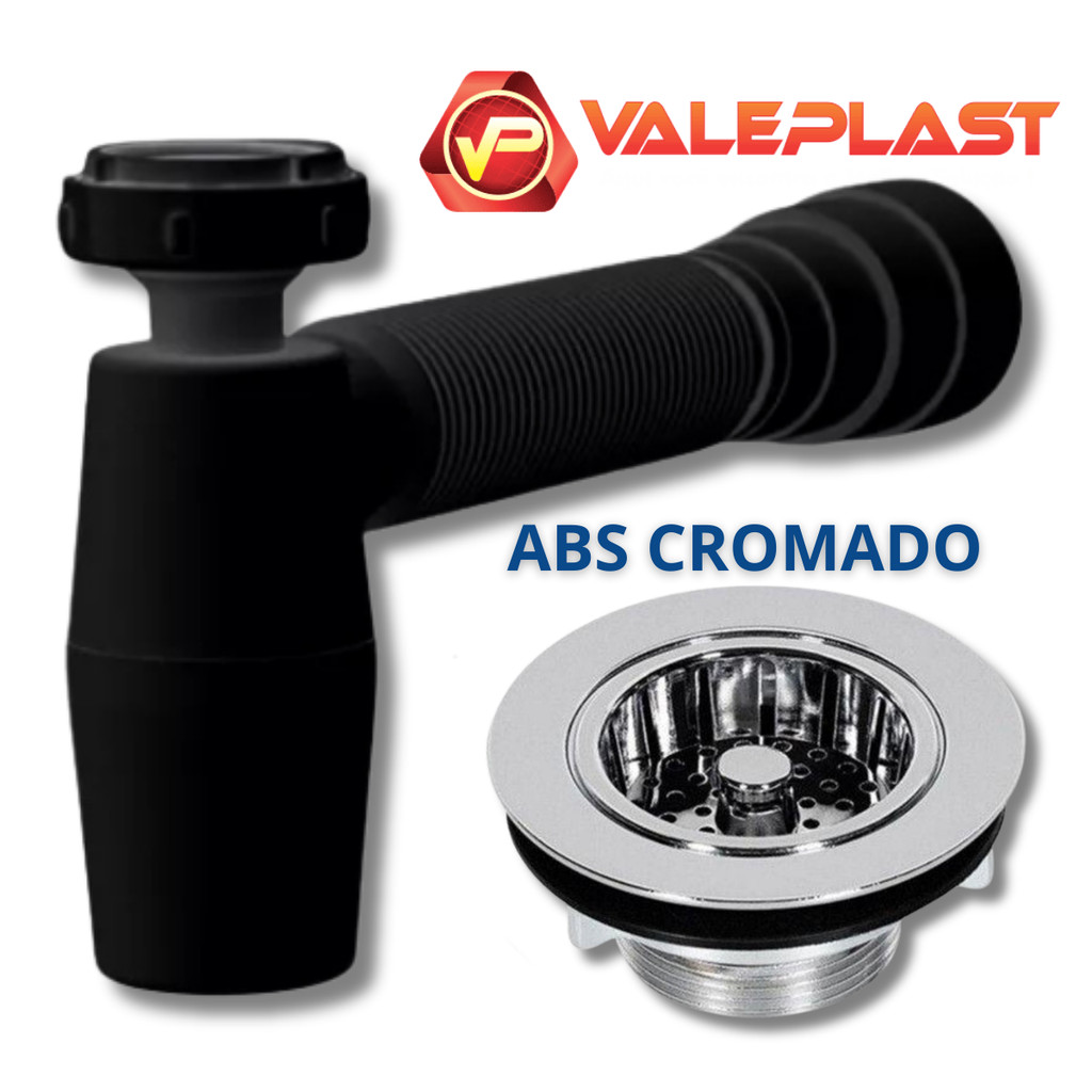 Cifao Copo Preto Flexível Sanfonado + Válvula de Pia Americana Válvula ABS Cromado Cozinha Americana