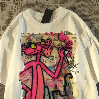 【 Polyester 】 Korean Versão Retro Cartoon Impressão Casal De Verão Camiseta De Manga Curta Casual Solta Versátil Pescoço Redondo