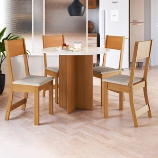 Conjunto Sala de Jantar 1 Mesa Tampo MDF Redondo 4 Cadeiras Malta Freijó/Off White/Linho