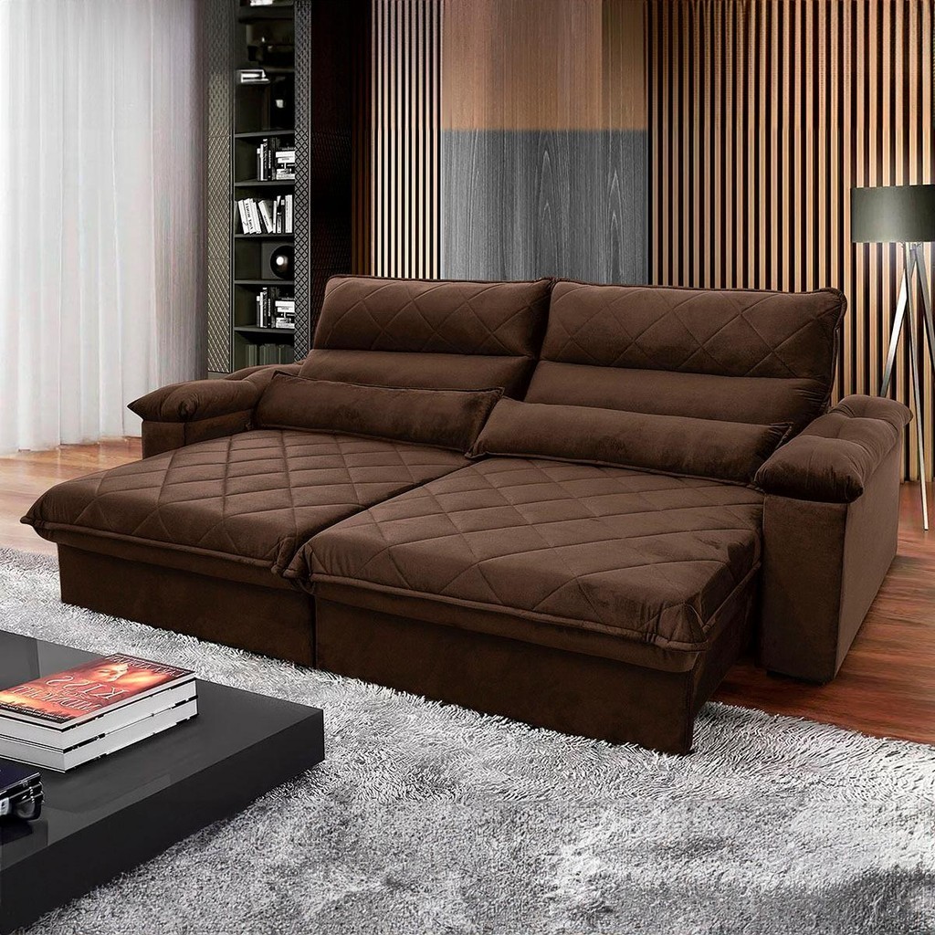 Sofá Retrátil Reclinável Grécia 2,10m Suede Velut Marrom Molas no Assento - King House