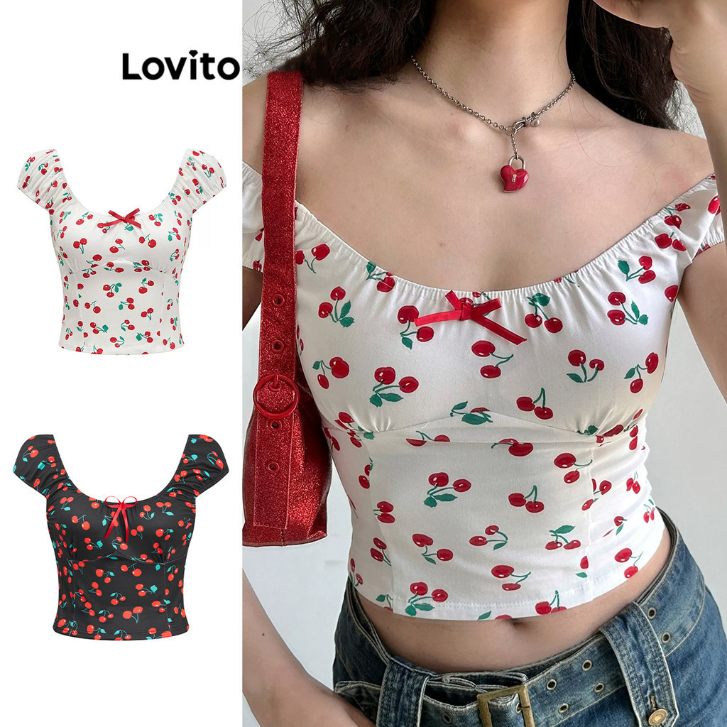Lovito Boho Camiseta com Laço e Frutas e Vegetais para Mulheres L80ED120(Multicolorido)