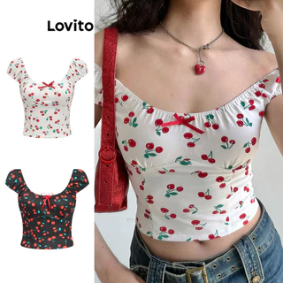 Lovito Boho Camiseta com Laço e Frutas e Vegetais para Mulheres L80ED120(Multicolorido)