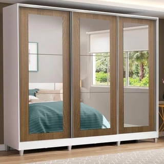 Guarda-Roupa Casal Madesa 100% MDF Eros 3 Portas de Correr de Espelho com Pés - Branco/Rustic em Oferta na Shopee