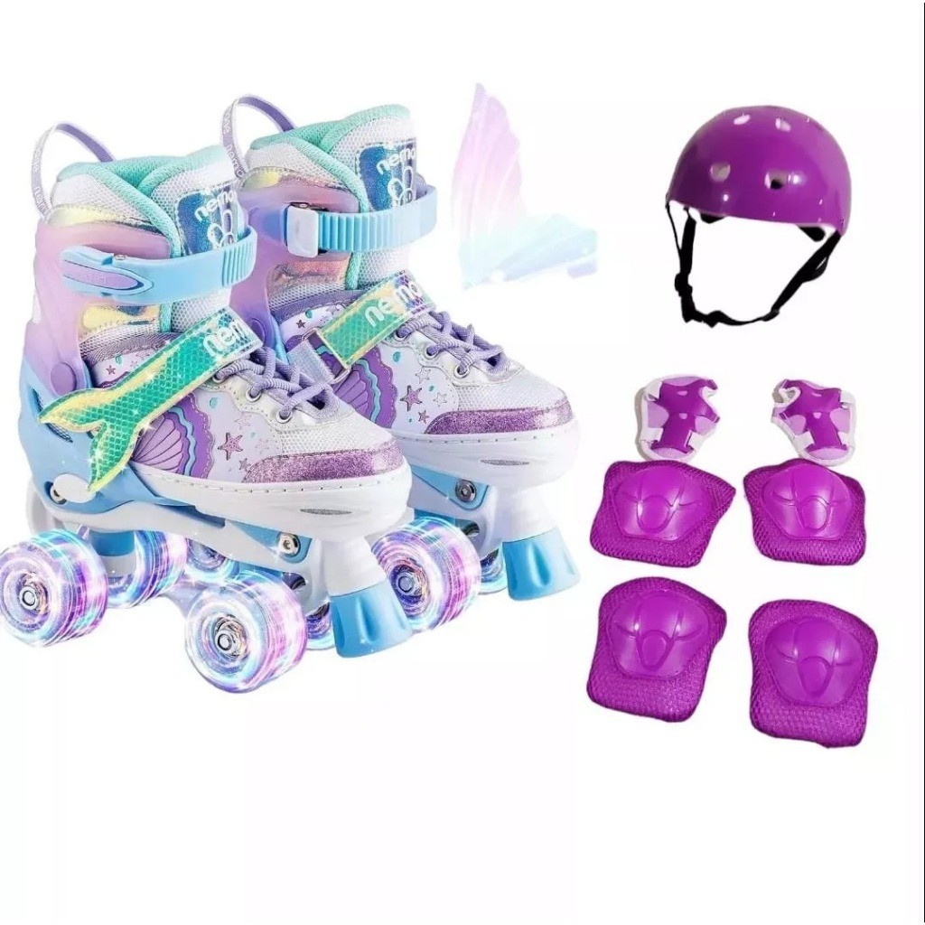 Patins infantil quadrado rodas de led tamanho regulável + kit de proteção SEREIA