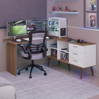 Mesa para Computador Gamer em L 3 Gavetas Branco/Rustic Lisboa Madesa em Oferta na Shopee